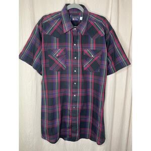 1970s Panhandle Slim Permanent Press Plaid Rodeo Cowboy Western Shirt 2XL